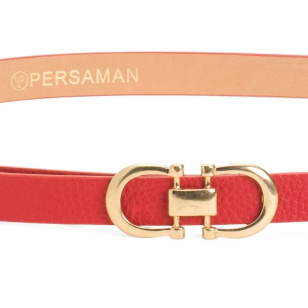 Persaman New York Women's Red Italian Leather Double Buckle Belt